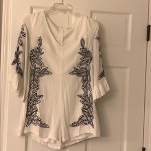White with blue embroidered  romper